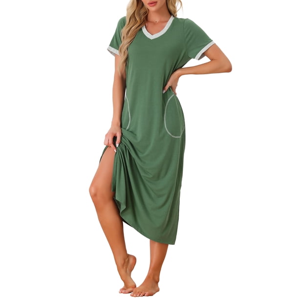 INSPIRE CHIC Camisón de Mujer con Cuello en V y Bolsillos, Manga Corta, Abertura Lateral, con Ribete en Contraste para Primavera Verano XL Verde