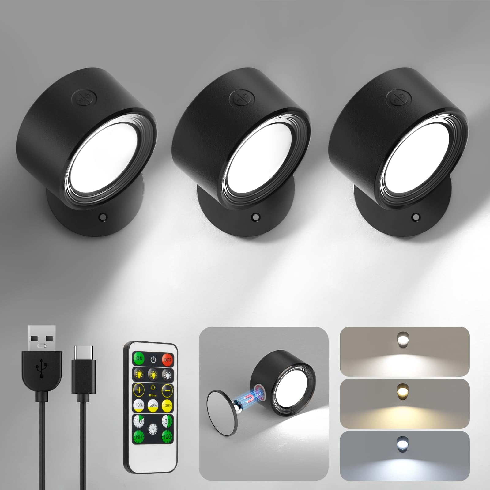 Luces Led De Pared Lightbiz, 3 Unidades Con Control Remoto De 3000 Mah