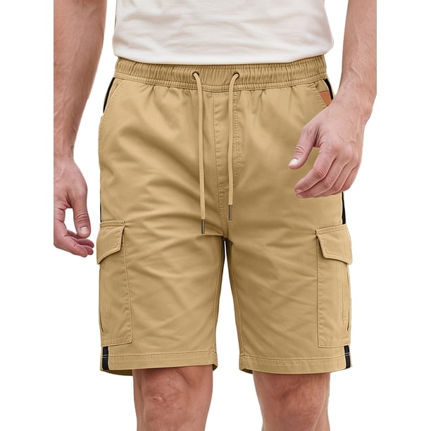 INSPIRE CHIC Pantalones Cortos Cargo para Hombre con Cintura Elástica con Cordón, Bolsillos y Diseño de Bloques de Color L Caqui