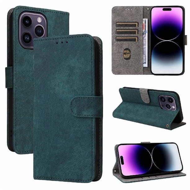 Funda Billetera para iPhone 15 Pro con Soporte - Cartera de Cuero con Ranuras Verde