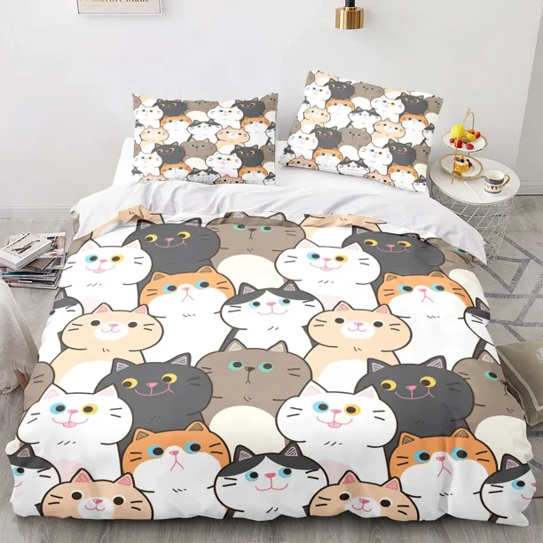x1741 Bed SheetsCartoon Animal Cat Duvet Cover Large Print Size Quilt Cover Bedding Set Set 3-Piece Bedding Set (1 Duvet Cover + 2 Pillow Shams) nj1741