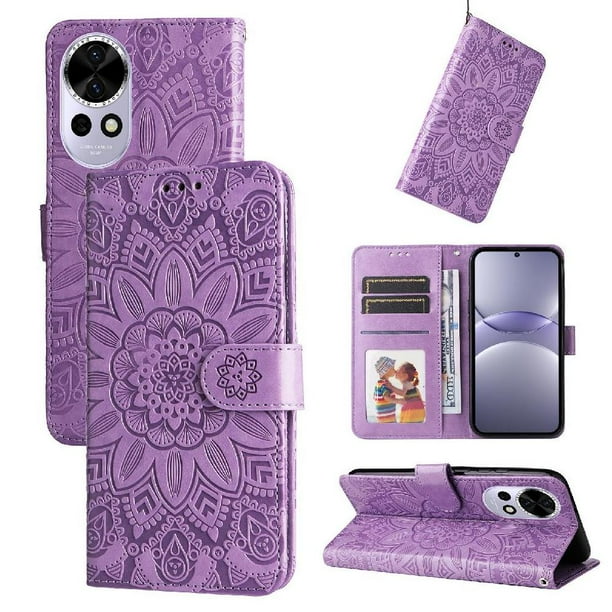 Funda tipo cartera FOXDOCK para Huawei Nova 14 , diseño girasol en relieve, cuero PU, cierre magnético, soporte y tarjetero