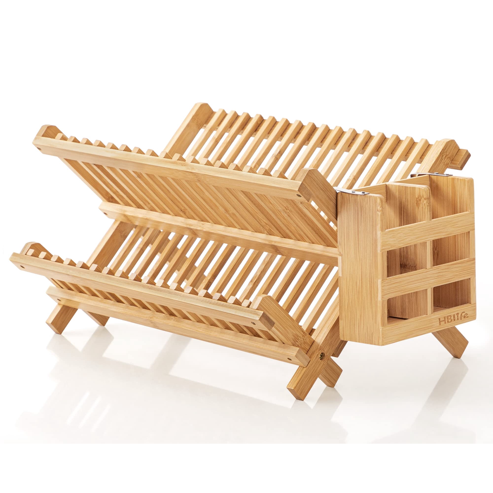 Estante Para Platos Hblife, De Bambú, Plegable, De 2 Niveles, Con Soporte Para Utensilios