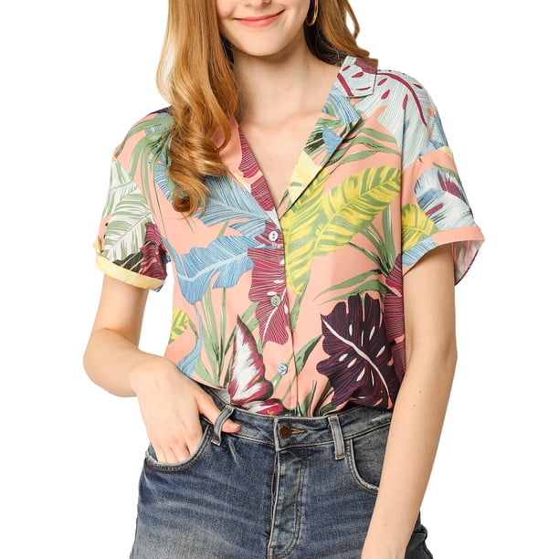 INSPIRE CHIC Edición Camisas de Mujer Camisetas Hawaianas de Manga Corta Tropical Floral con Botones Abajo L Rosa