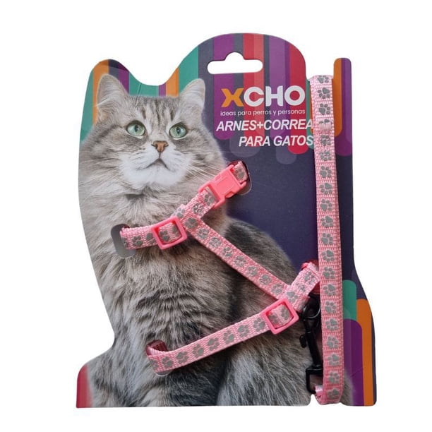 Arnes Pechera Gatos de nailon ajustable + correa Rosa