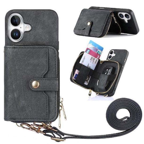 Funda Tipo Cartera con Correa Cruzada para iPhone 16 Protección Contra Golpes Negro
