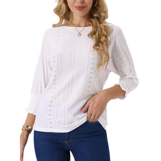 INSPIRE CHIC Estilo Blusa de Mujer con Mangas Murciélago 3/4 Tops Verano Casual con Ojales Cuello Redondo Túnica Camisetas XL Blanco