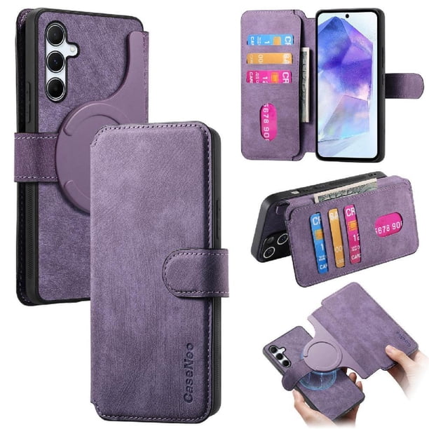 Funda Billetera Magnética para Samsung Galaxy A55 Soporte Tarjetas Desmontable Morado