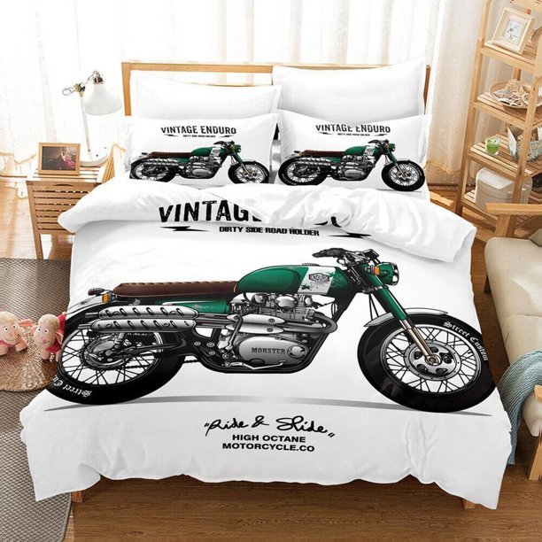 Motorcycle Races Black Retro Style Quilt Duvet Cover Set Kids Super 3-Piece Bedding Set
