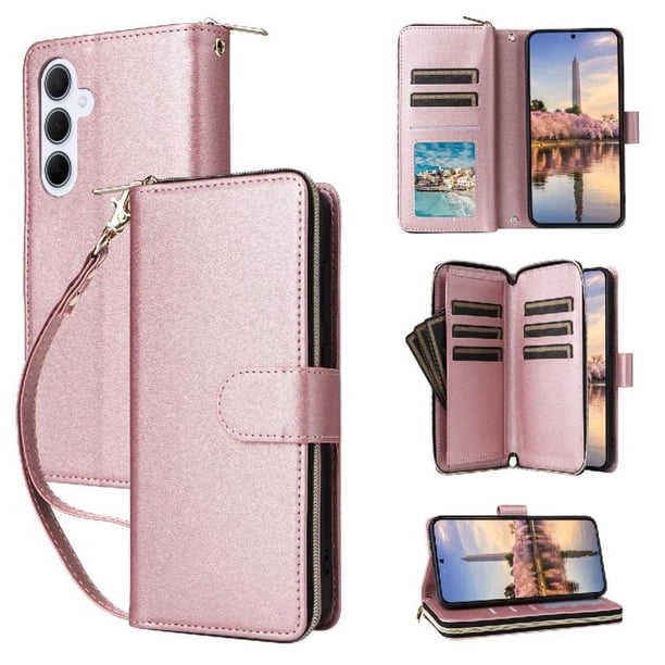 Funda Cartera con Cremallera y Correa para Samsung Galaxy A35 5G Soporte y Tarjetero Oro rosa