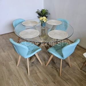 Coricori - Comedor Mesa Vidrio D100 + 4 Sillas Mariposa Wood Menta