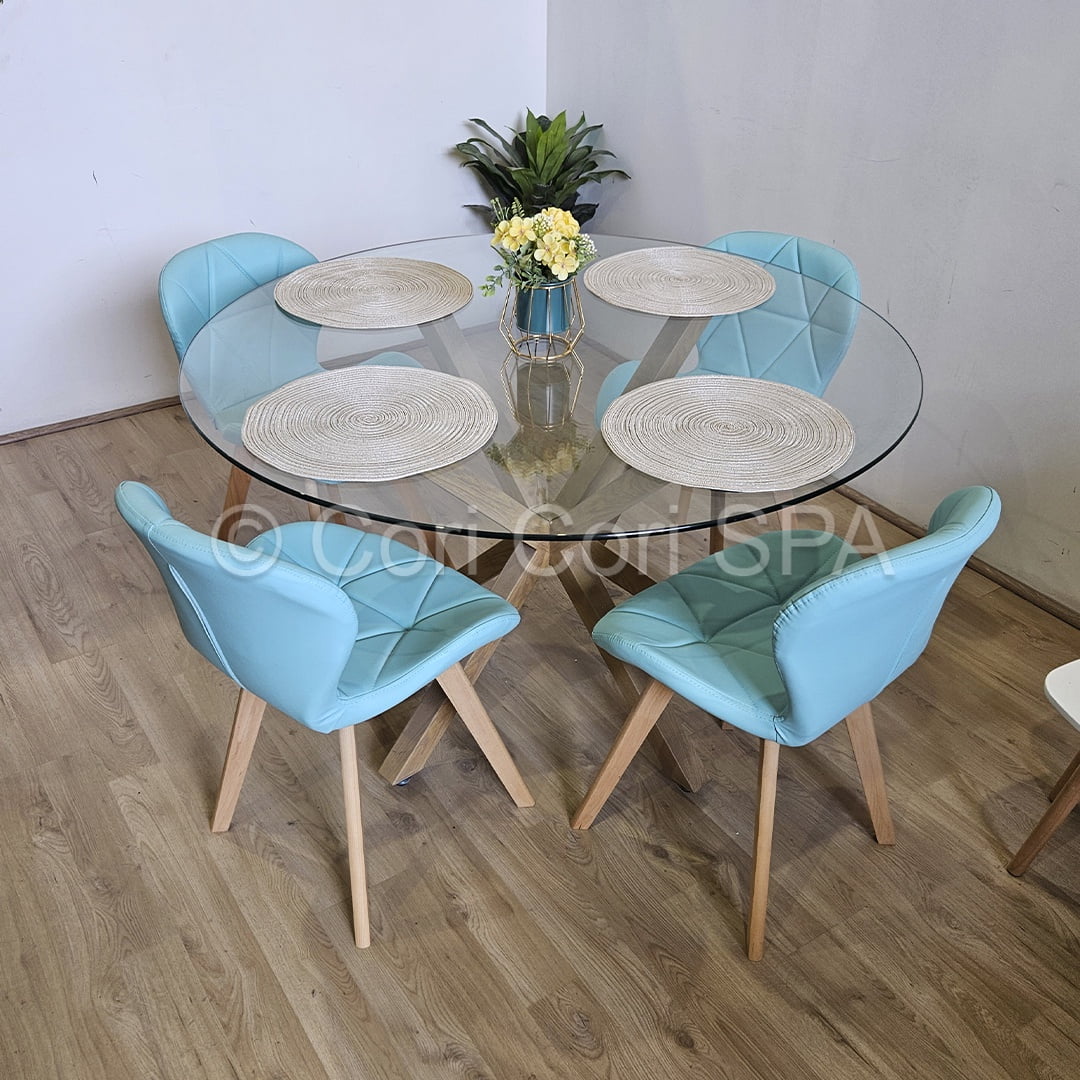 Coricori - Comedor Mesa Vidrio D120 + 4 Sillas Mariposa Wood Menta