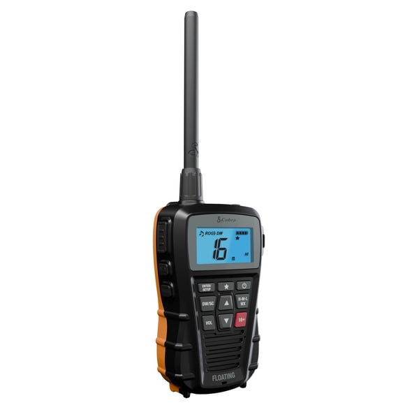 Radio marina portátil Cobra BlueBound 150 VHF, negra, 3 vatios, flotante, de largo alcance, alertas