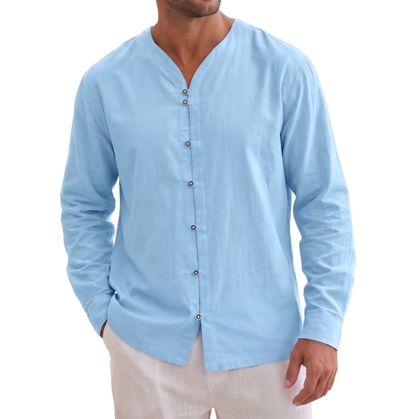 INSPIRE CHIC Camisa de Hombre de Algodón y Lino de Manga Larga con Botones Casual XL Azul