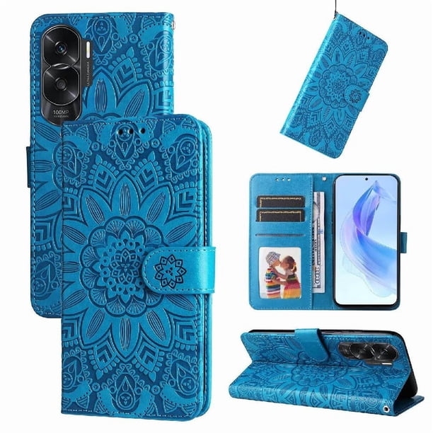 Funda tipo cartera FOXDOCK para Honor X50i 5G , diseño girasol en relieve, cuero PU, cierre magnético, soporte y tarjetero