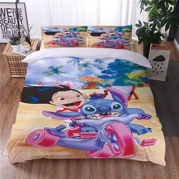x1540 Bed Sheets Lilo Stitch Cartoon Love Child Duvet Cover Set HD Comforter Cover Bedclothes for Kids Bedding Sets Bedroom Decor 3-Piece Bedding Set (1 Duvet Cover + 2 Pillow Shams) nj1540