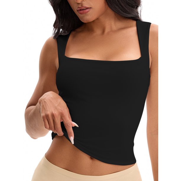 INSPIRE CHIC Camisetas sin mangas para mujer Regreso a clases Cuello cuadrado Sin mangas Básico Ajustado Camisetas XS Negro
