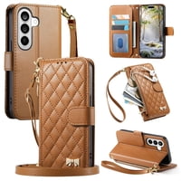 Funda Tipo Cartera Foxdock Para Samsung Galaxy S26, Estampado De Diamantes, Correa Larga, Con Ranuras Para Tarjetas, Soporte Y Cremallera - Marrón