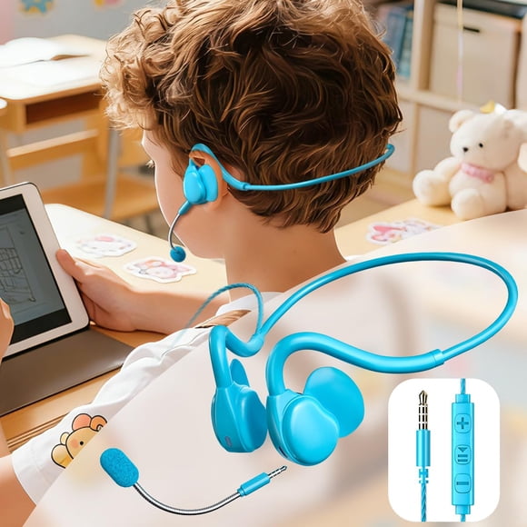 Audífonos QOEKUEY para niños con micrófono desmontable, azul turquesa