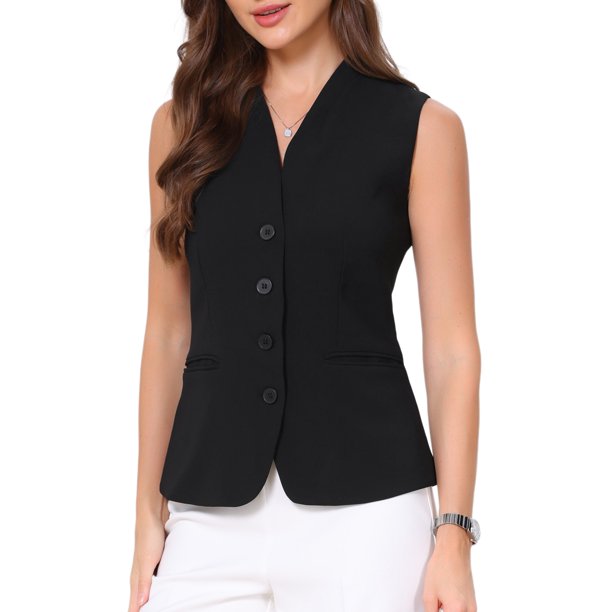 INSPIRE CHIC Chaleco de Traje para Mujer con Cuello en V y Botones Abajo, Chaleco de Trabajo sin Mangas, Blazer L Negro
