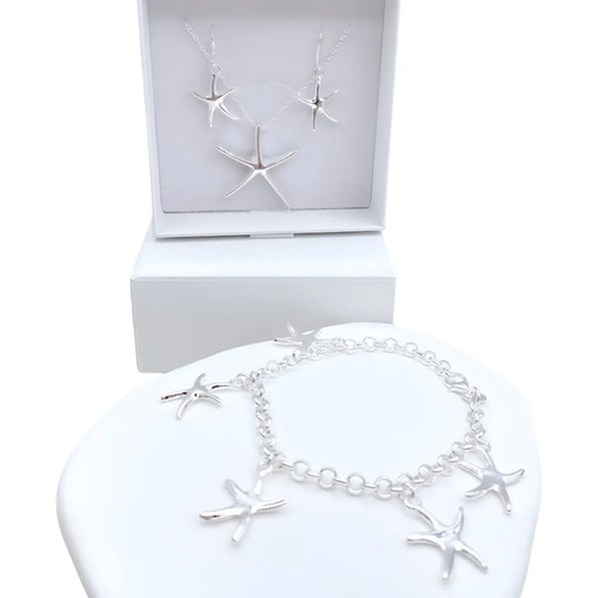 Marca - Conjunto Collar, Pulsera Y Aros Estrella De Mar, Regalo Plateado