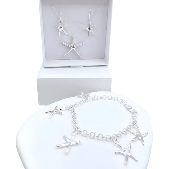 Conjunto Collar, Pulsera Y Aros Estrella De Mar, Regalo Plateado