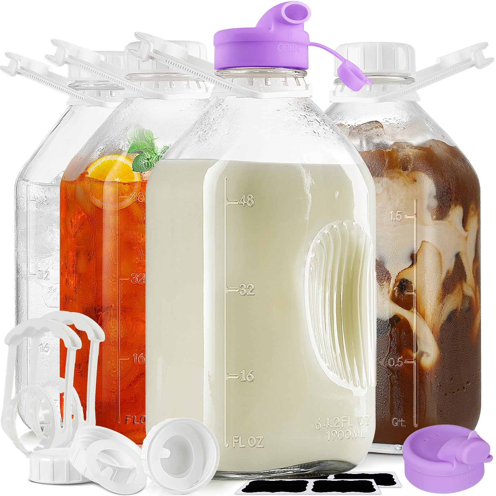 Botella De Vidrio Para Leche Ritayedet, Paquete De 4, 1,9 L Con Pico De Silicona