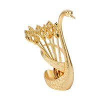 Magideal - Soporte De Base De Cisne Decorativo Portátil Con Cucharas De 6 Piezas, Juego De Cucharas De Azúcar Para Postres De Café Para Mezclar Postres De Café Y Dorado
