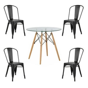 Klik Muebles - Comedor Mesa Redonda Vidrio 80Cm + 4 Sillas Tolix Negras