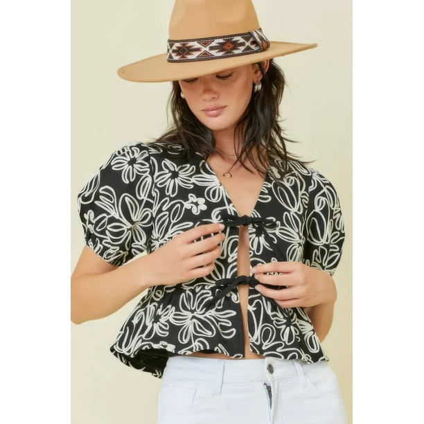 Saronite Top Corto de Manga Corta con Cuello en V, Bordado en de Mezclilla y Detalle de Lazo Delantero, Negro/blanco (para Mujer)