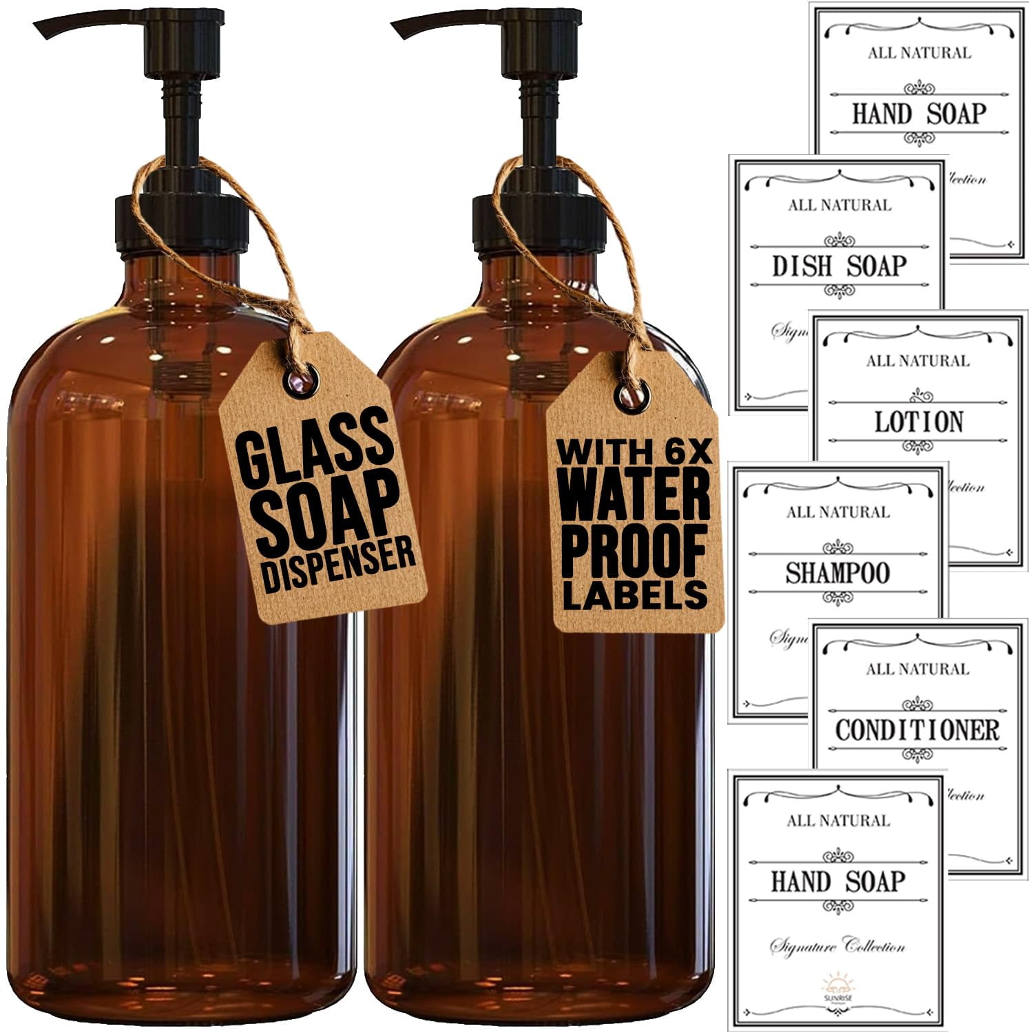 Sunrise Premium - Dispensador De Jabón Vidrio Ámbar Grueso 480 Ml Paquete De 2