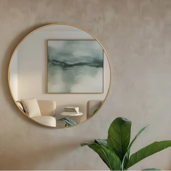 Espejo Circular 60 Cm , Marco Metal Cepillado, Dorado