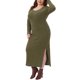 thumbnail image 4 of Vestido Agnes Orinda para Mujer Talla Grande Día de San Patricio, Tejido de Canalé con Abertura Lateral, Cuello Redondo, Manga Larga, Ajustado, Casual, Maxi Vestido 2X Verde Militar, 4 of 5