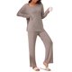 thumbnail image 4 of INSPIRE CHIC Conjunto de salón de punto acanalado para mujer con hombros descubiertos, pijama de 2 piezas de manga larga con pantalones de abertura lateral XL marrón, 4 of 6