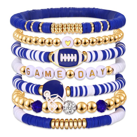 Set de 7 pulseras NVENF Football Heishi de arcilla elástica – Azul