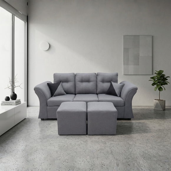 Living Horizonte 3 cuerpos + 2 pouf Tela Gris