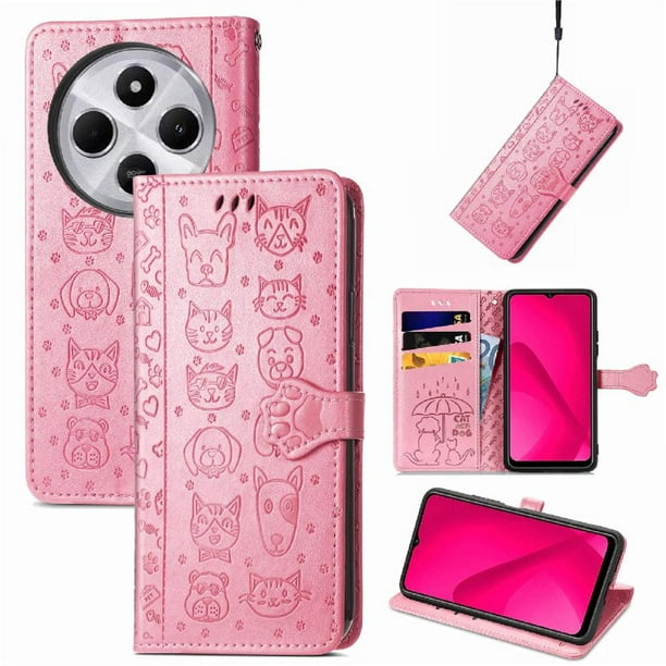 Funda Cartera FOXDOCK para Xiaomi Redmi 14C , Flip PU con Relieve de Gatos y Perros, Tarjetero y Soporte