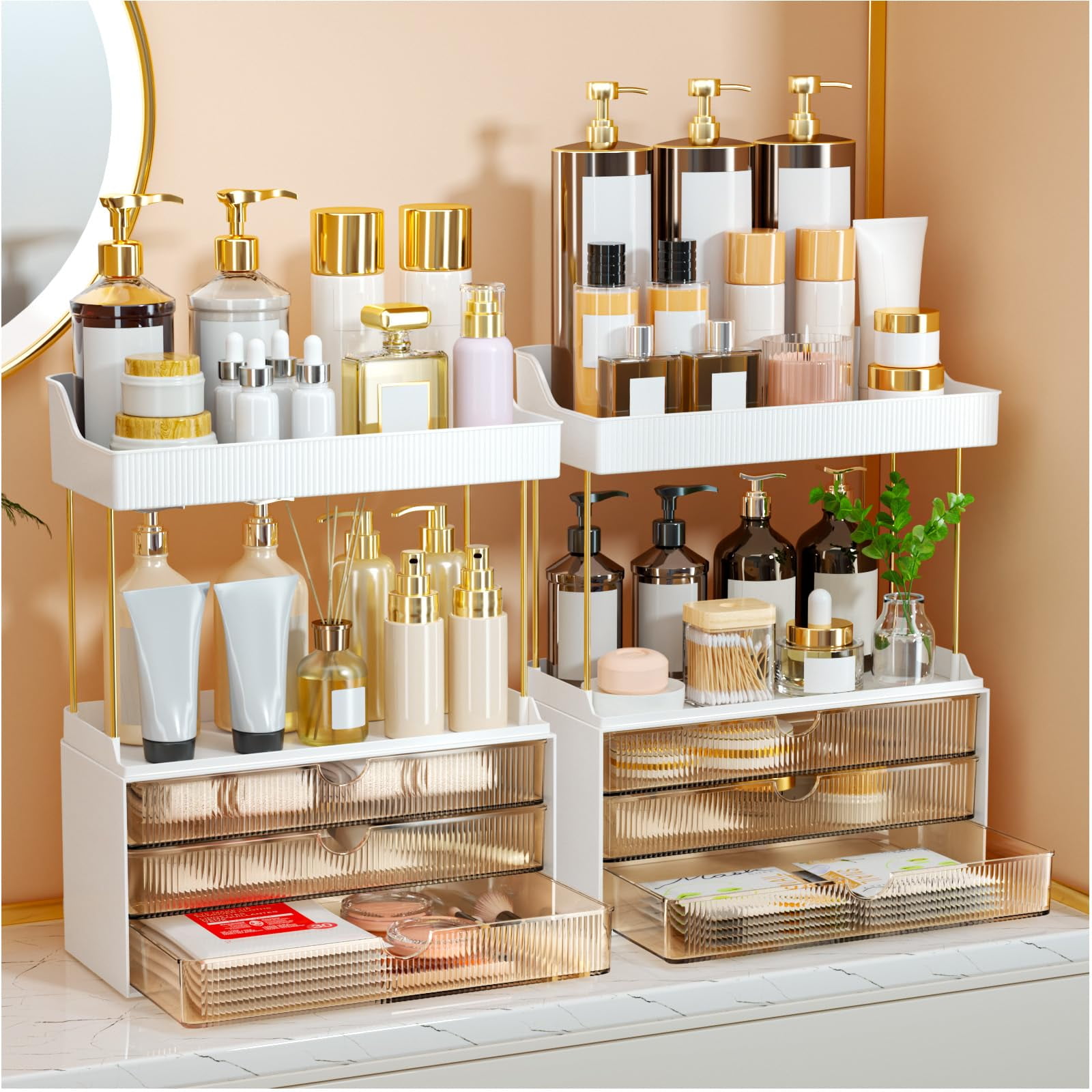 Organizador De Maquillaje Storbin, 2 Juegos, 6 Cajones, 5 Niveles, Color Ámbar