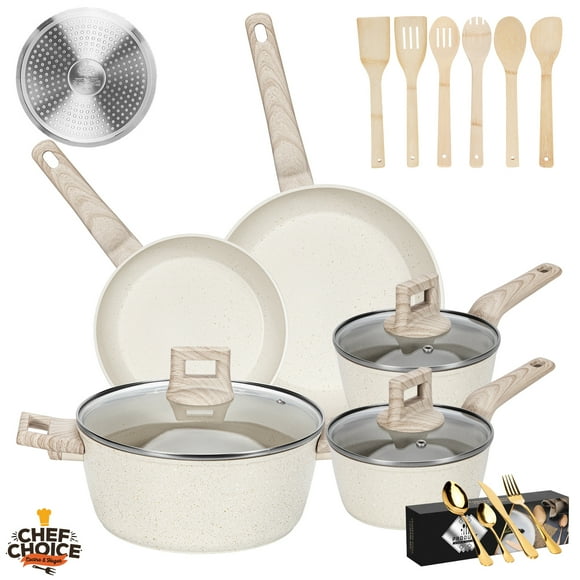 Bateria De Cocina Aluminio 38 Pcs Antiadherente Granito Blanco Crema