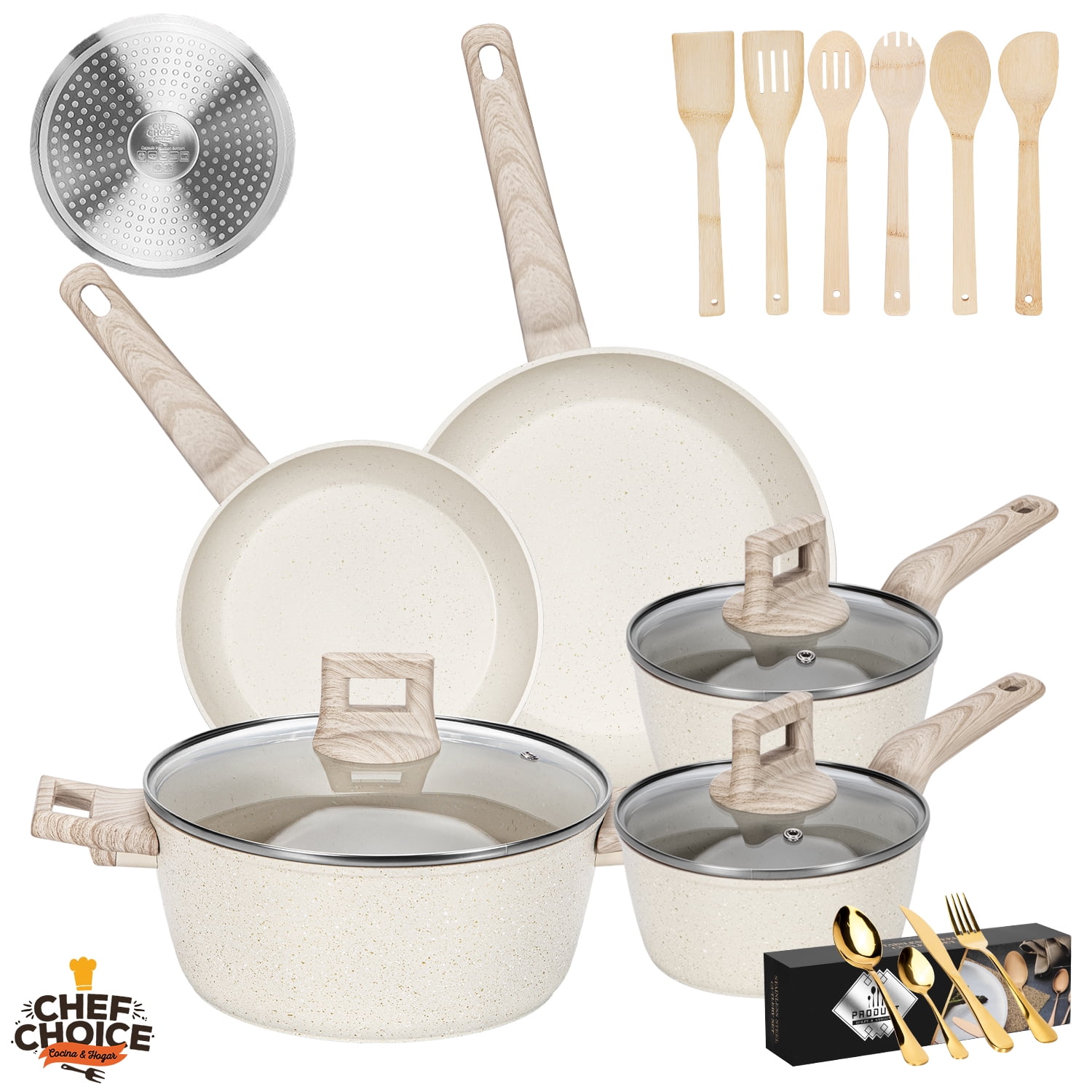 Chefchoice - Bateria De Cocina Aluminio 38 Pcs Antiadherente Granito Blanco Crema