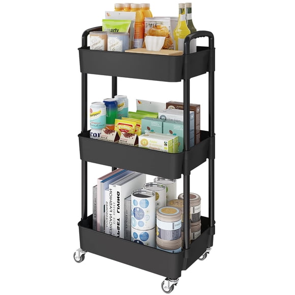 Carrito de almacenamiento Lainesia de 3 niveles con ruedas bloqueables, negro