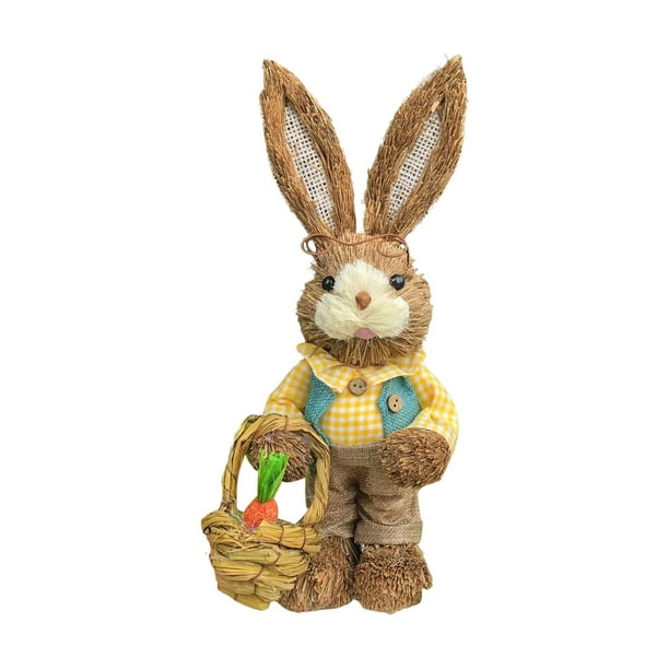 Estatuilla De Conejo De Paja, Estatua De Conejito, Escultura De Pascua Para Decoración De Mesa, Ropa Amarilla Para Niño