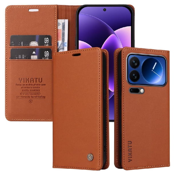 Funda Billetera de Cuero para Xiaomi 17 Pro con Tarjetero y Soporte - Tapa Magnética Marrón