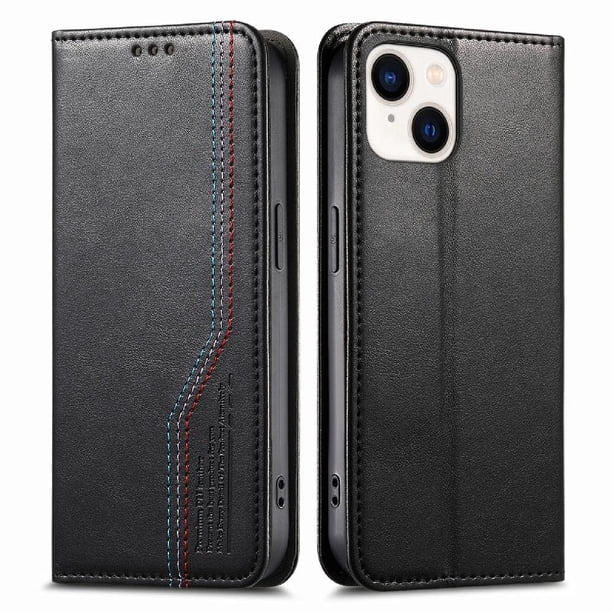 Funda tipo cartera para iPhone 15 de piel con cierre magnético, ranuras para tarjetas y correa para la muñeca Negro