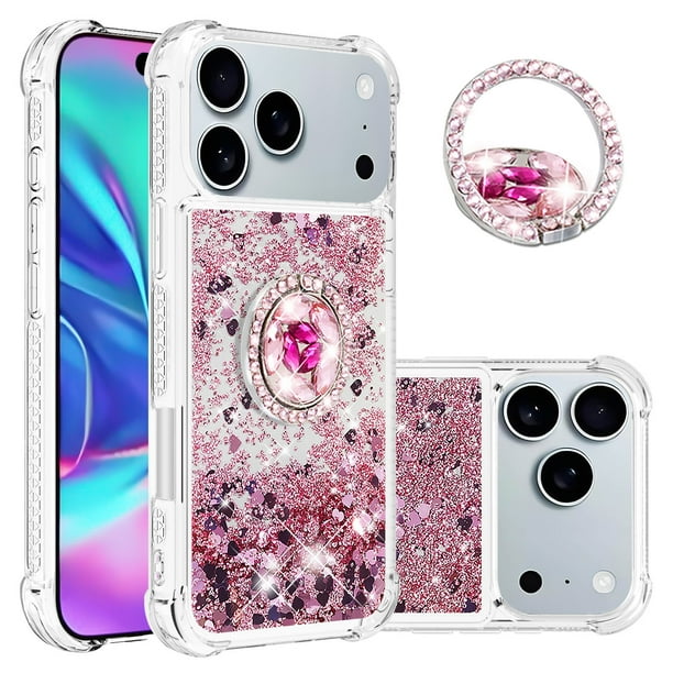 FOXDOCK Funda Glitter Líquida para iPhone 17 Pro con Anillo Brillante, TPU Antichoques y Esquinas Reforzadas, Soporte