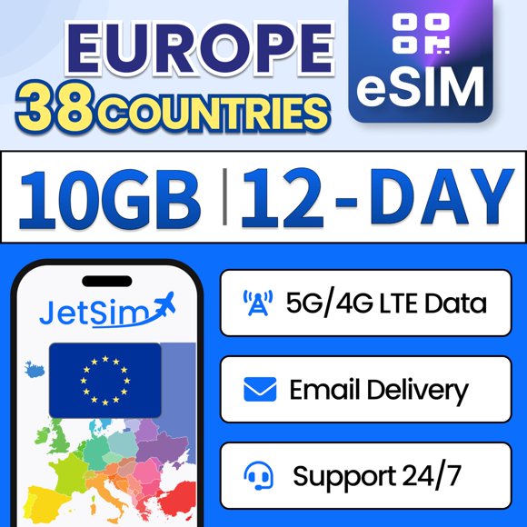 eSIM JETSIM Europa 12 días 10 GB de datos de alta velocidad