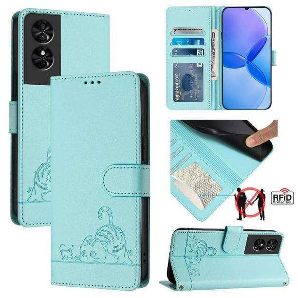 Funda tipo cartera FOXDOCK para TCL 50 SE con soporte, ranuras, RFID, diseño de gato