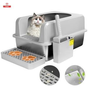 Koba - Set Arenero Gatos Michis Baño Sanitario Acero Inoxidable Xxl Gris