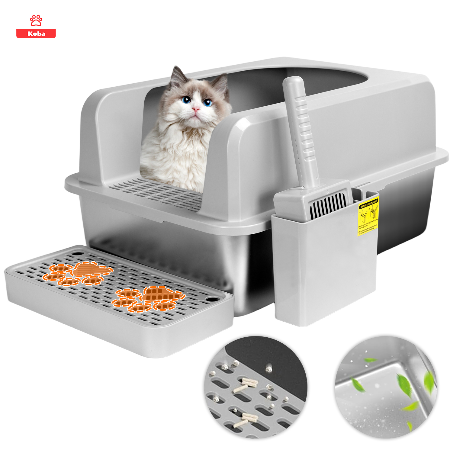 Koba - Set Arenero Gatos Michis Baño Sanitario Acero Inoxidable Xxl Gris