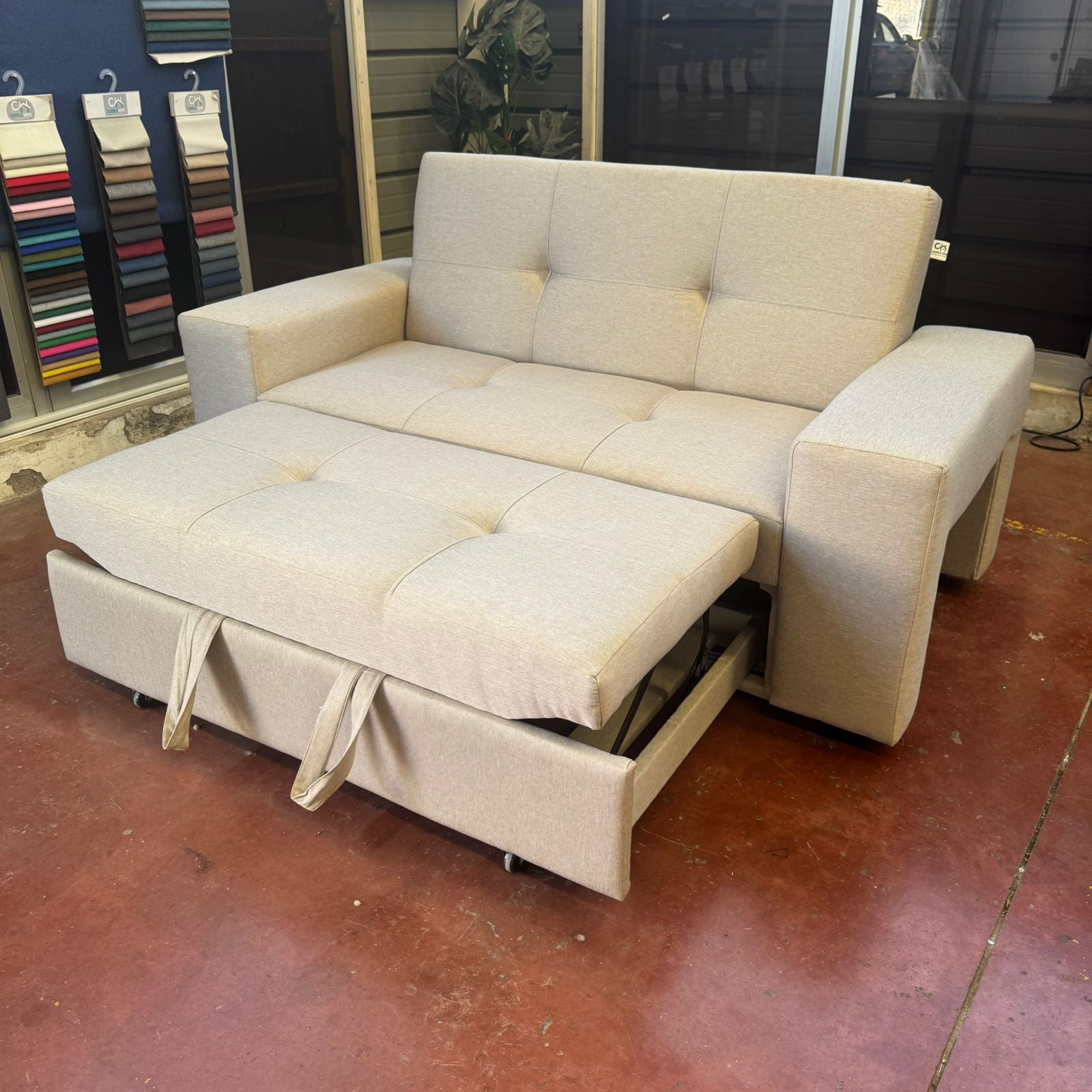 Camila Home - Sofá Cama Repelente Al Agua Beige 2 Plazas Con Puffs Y Respaldo Reclinable